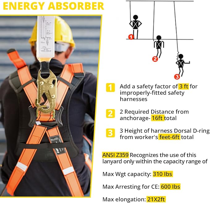 TRSMIMA Rope Harness Safety Lanyard:150ft Roofing Rope Fall Protection | Vertical Safety Harness Rope With Grab Snap Hooks Shock Absorber - Tree Climbing Line Kit Heavy Duty Safety Equipment ANSI CE