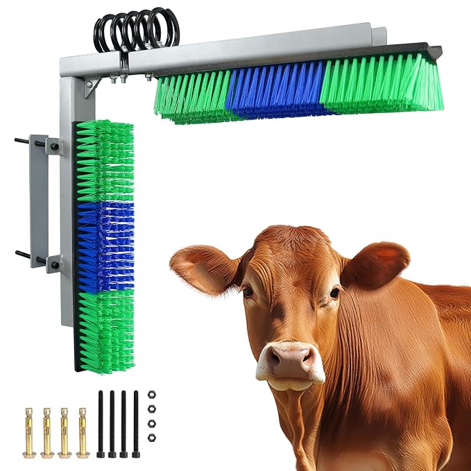 Livestock Scratch Brush With Spring Iron Holder,Animal Back Scratching Brush Including 4pcs goat brushes, 4 stands and accessories For Cow,Cattle,Sheep, Horses,Pigs,Massage Grooming Tool(Green)