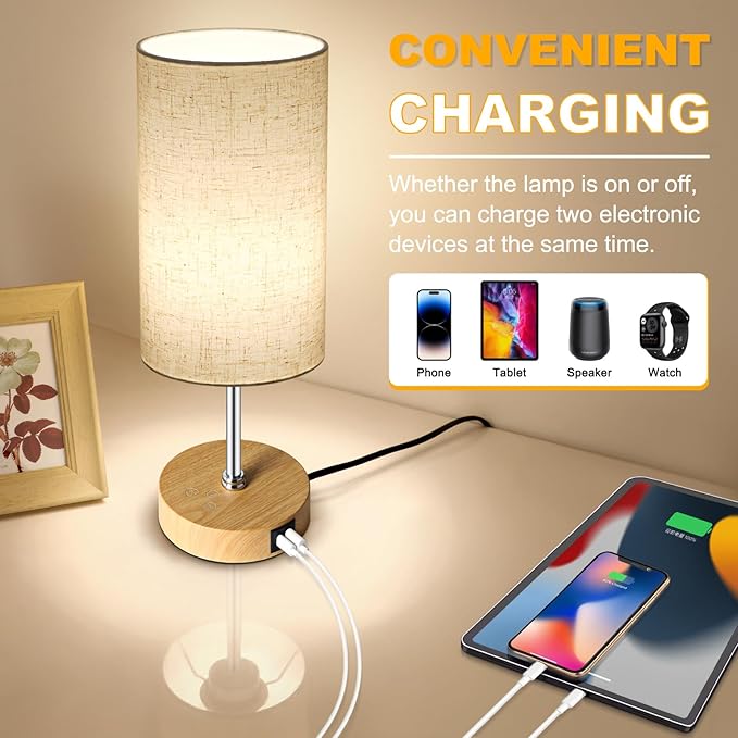Unicozin Small Table Lamp, 3CCT & 7 RGB Color Changing, Dimmable Nightstand Lamp with Wood Grain Base, Touch Bedsides Lamp for Bedroom, Office, Kids Room, Nursery, Party, Beige Shade