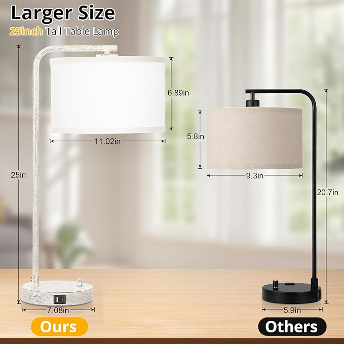 Seaside village Bedside Table Lamp with USB C+A Charging Ports, Fully Stepless Dimmable Modern Farmhouse Nightstand Lamp, Tall Reading Desk Lamp for Bedroom, Living Room, Office, 9W LED Bulb Included