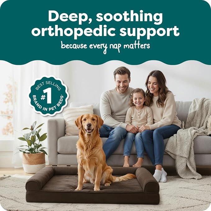 Furhaven Orthopedic Dog Bed for Large Dogs w/ Removable Bolsters & Washable Cover, For Dogs Up to 95 lbs - Plush & Suede Sofa - Espresso, Jumbo/XL