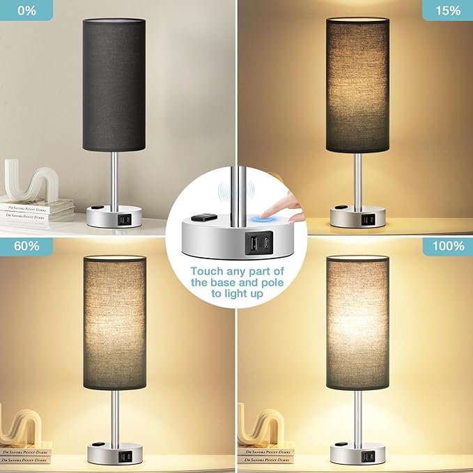 Black Bedroom Table Lamp for Bedside - 3 Way Dimmable Touch Lamp USB C A Charging Ports and AC Outlet, Small Desk Lamp for Nightstand for Living Room with Silver Base, Office Desk, LED Bulb Included