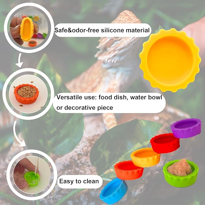 Meow&Woof Reusable Silicone Reptile Feeding Cups – Bearded Dragon Water Bowl & Crested Gecko Food Dish, Habitat Tank Starter Kit Accessories for Turtle, Snake, Hermit Crab- 6 Pcs