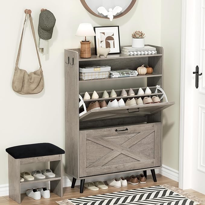 EOYUTLLY Shoe Cabinet with Bench, Shoe Organizer Cabinet with 2 Flip Drawers &