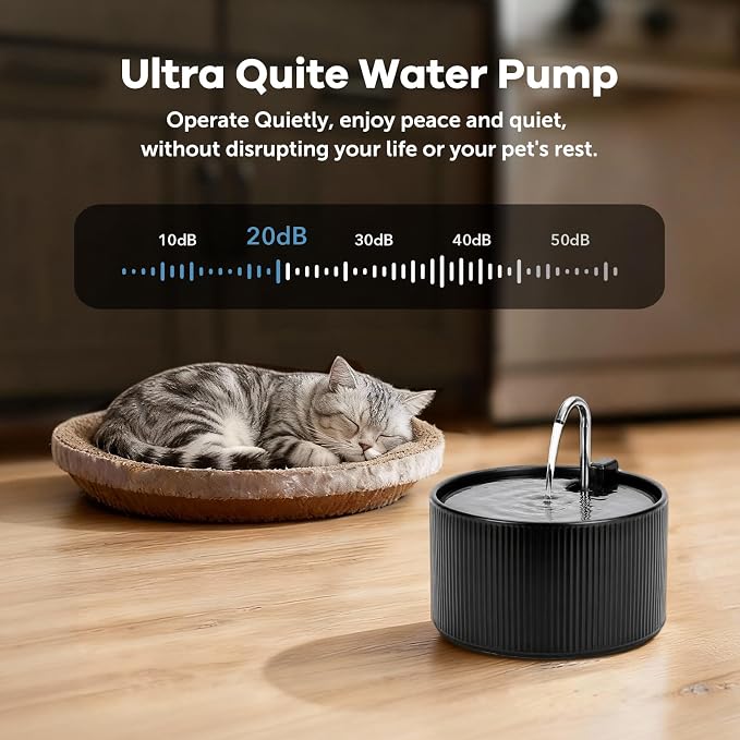 2.2L Ceramic Pet Fountain –Porcelain Pet Water Fountain & Little Dog Drinking Bowl– Automatic Cat Water Dispenser (Black)