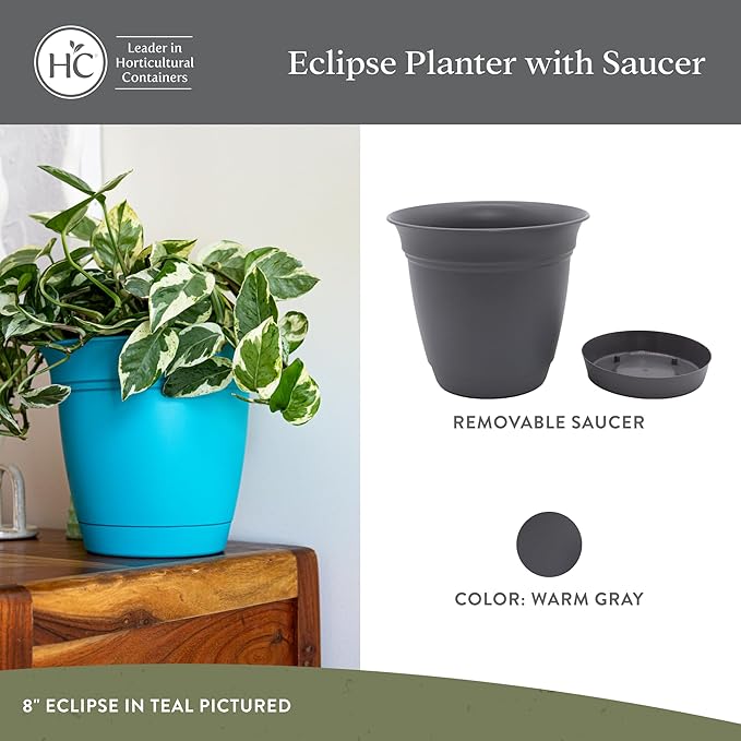 The HC Companies 16 Inch Eclipse Round Planter Pots with Drainage Holes & Attached Saucer, Lightweight UV-Resistant Plastic Indoor & Outdoor Planters, 2-Pack Flower Pots, Garden Home Decor, Warm Gray