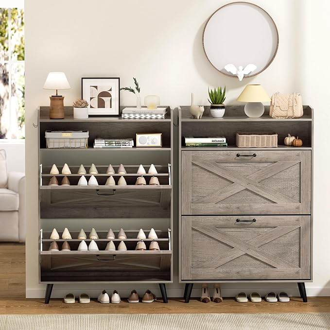 EOYUTLLY Shoe Cabinet with Bench, Shoe Organizer Cabinet with 2 Flip Drawers &