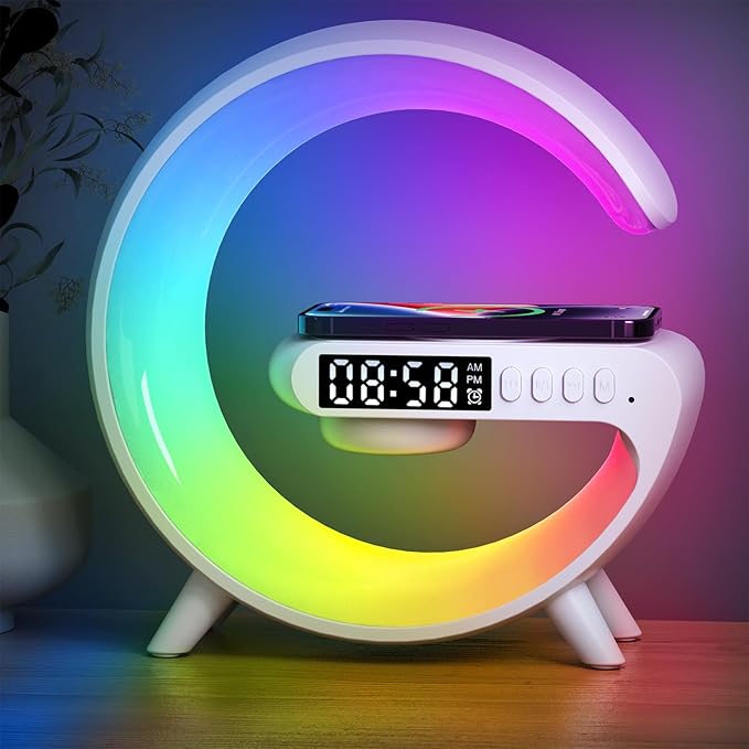 Smart LED Table Lamp, 4-in-1 Wireless Charger Smart Atmosphere Lamp, Night Light, Bluetooth Speaker & Alarm Clock for Bedroom, Office, and Home Decor (Black)