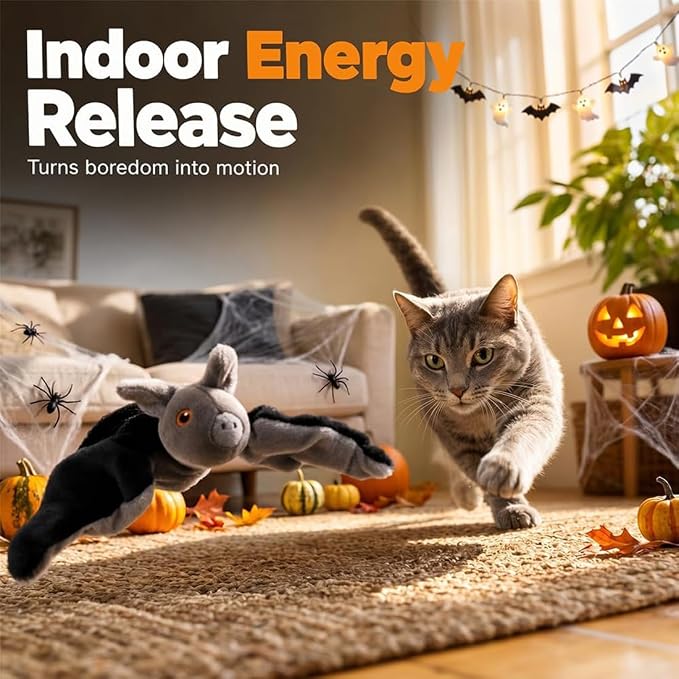 Flying Bat Dog Toy, Flapping Wings Interactive Chirping Pet Teaser, Remote Control Rechargeable Halloween Bat Toy with Catnip Filling, Electric Simulation Flying Motion Toy for Cats Dogs,1pc