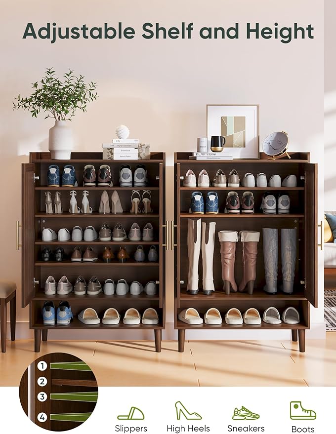 Shoe Storage Cabinet with 2 Slatted Doors, 6-Tier Large Shoe Cabinet with