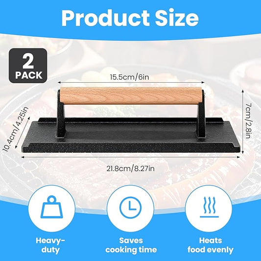 2 Pack Cast Iron Grill Press, Heavy Duty Rectangular Griddle Weight