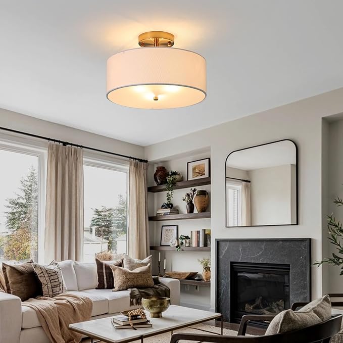 12.6" Semi Flush Mount Ceiling Light Fixture, 3 Light Gold Drum Light Fixtures with White Fabric Shade, Modern Close to Ceiling Lighting for Living Room, Bedroom, Hallway, Entry, Foyer
