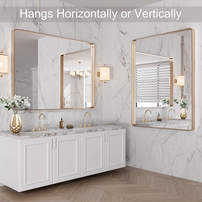 LOAAO 40”X30” Gold Bathroom Mirror, Rounded Rectangle Gold Frame Mirror