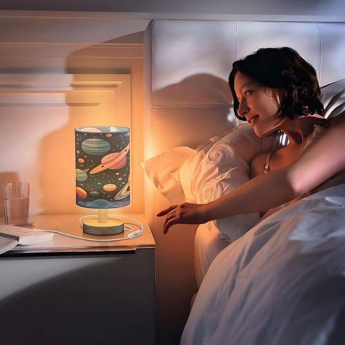 Space Planet Astronomy LED Table Lamp for Bedroom Bedside Lamp with USB Charging Ports Decor Nightstand for Living Room Reading Dorm Desk Home Office