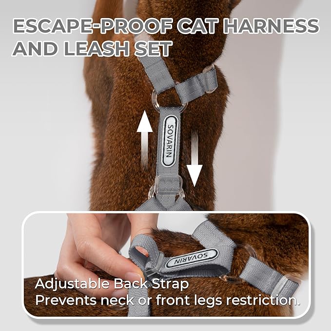 Cat Harness and Leash Set - Grey Lightweight Soft Kitten Harness Escape Proof, Adjustable Travel Pet Harness for Walking,Easy Control Comfortable Outdoor (Grey, One Size Fits All)