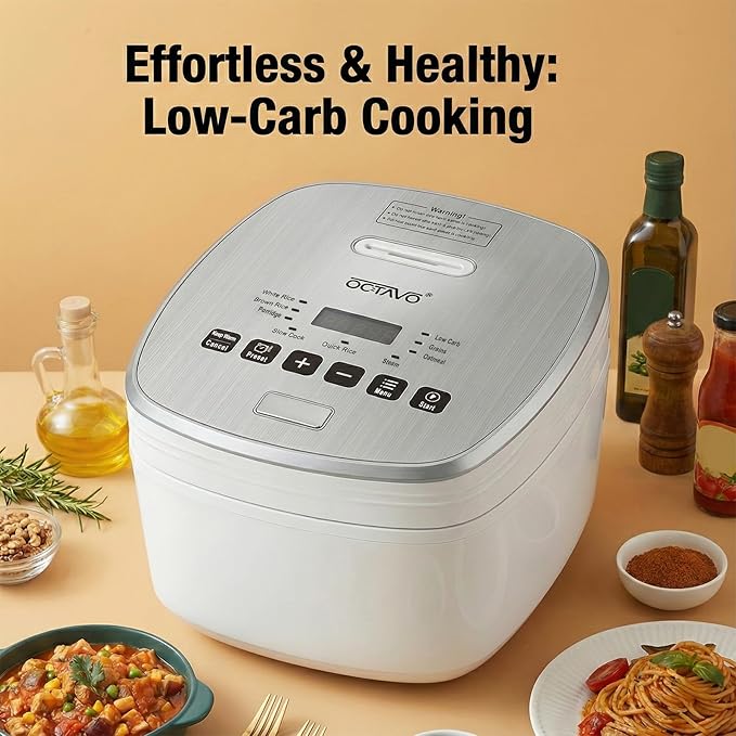 OCTAVO Low Carb Rice Cooker, 5-Cup Uncooked Stainless Steel Inner Pot, Low