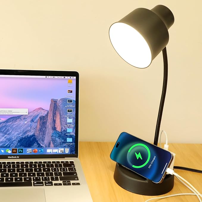 Energetic LED Desk Lamp with Phone Holder, Table Lamp with AC Outlet, Adjustable Flexible Gooseneck, 4000K, Eye-Care Reading Light for Bedroom, Study, Computer Desk, Living Room, Home Office, Black