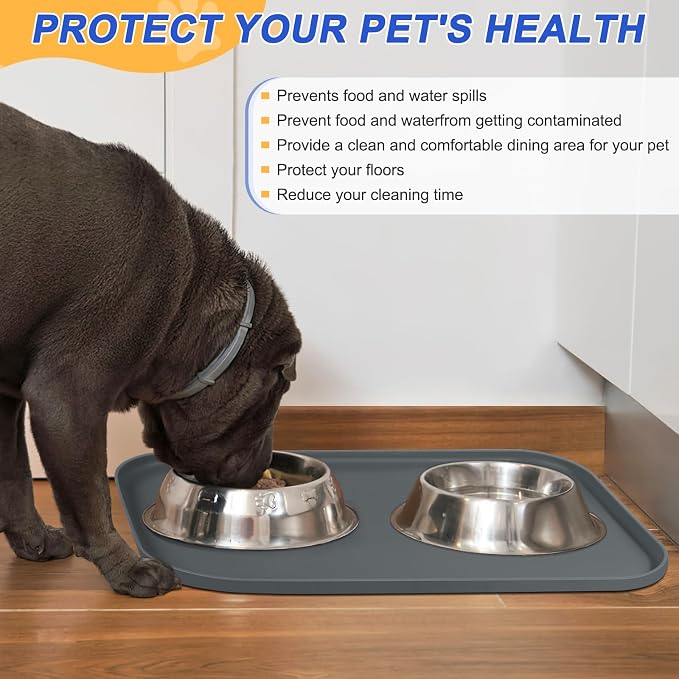 SMILOOL Silicone Pet Feeding Mat with Raised Edge for Food and Water, Dog Bowl Mats, Cat Bowls Placemat with High Lip for Floor Waterproof, Rubber Tray for Cats and Dogs 24 x 16 x 0.8 Dark Grey | 24" x 16" Non-Slip Pet Feeding Mats with Lip for Food & ...