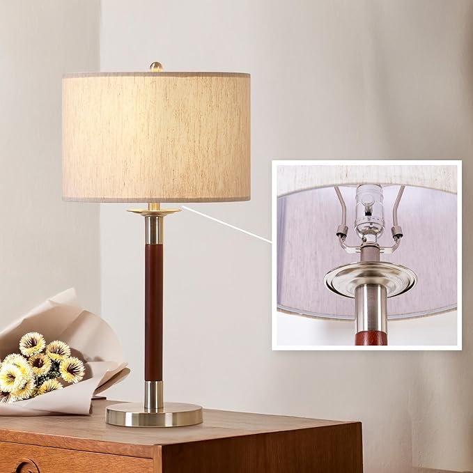 Mid Century Modern Lamp with Dimmable Switch and Bulb, LED Bedside Lamp for Bedroom, Wood Table Lamp for Nightstand, Desk Reading Lamp for Kids Room, Living Room, Office, Walnut Finish