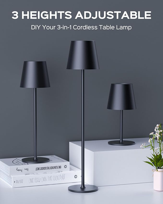 JACKYLED Cordless Table Lamps Rechargeable, 3 Adjustable Height, 5000mAh Battery Operated, 3 Colors Smooth Dimming, Portable LED Waterproof Table Lamp for Dining, Bedroom, Outdoor- Black