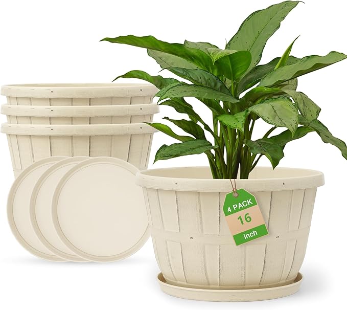 Quarut Plant Planters Pots Set of 4 Pack 16 Inch,Large Plastic Flower Pot for Indoor Plants with Drainage Holes & Trays, Whiskey Barrel Planters with Saucer for House Outdoor Garden Plant(White)