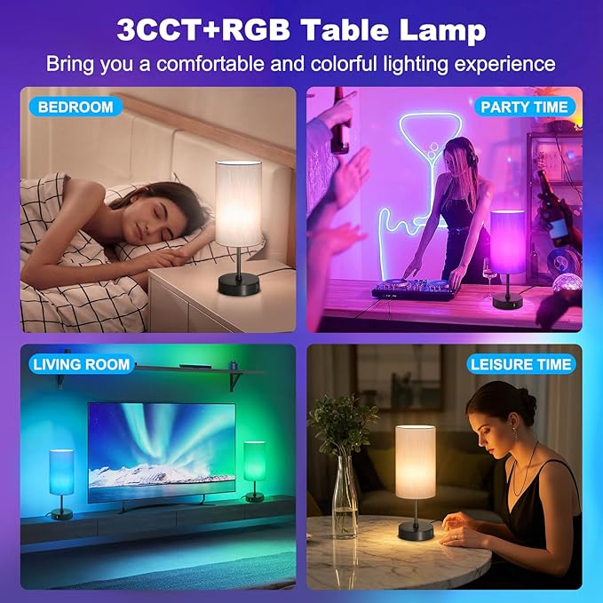 Unicozin Small Table Lamp, 7 RGB & 3 CCT 3000K/4500K/6500K, Stepless Dimmable Bedside Lamp with Grey Shade, Touch Control Ambience Nightstand Light for Living Room Dorm Home Decor Party