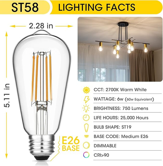 12-Pack Vintage LED Edison Light Bulb 60W Equivalent, Decorative Antique Filament Light Bulbs with 90+ CRI, Warm White 2700K, 750 Lumens, E26 Base, Dimmable