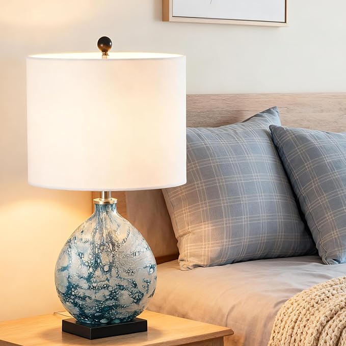 Maxax 24" Coastal Glass Table Lamp, 3-Way Dimmable Blue Glass Bedside Lamp with White Drum Shade for Living Room Bedroom Nightstand