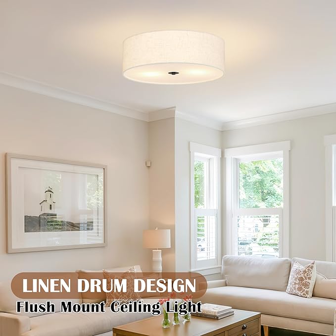 15.7 Inch 3-Light Drum Modern Black Ceiling Light Fixture Flush Mount Ceiling Light Fixture Dimmable Close to Ceiling Light Fixture with Fabric Shade for Living Room Hallway Entryway Bedroom