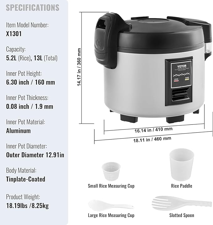 VEVOR Commercial Rice Cooker, 60-Cup Rice Cooker, 13.74 Qt / 13 Liter Large