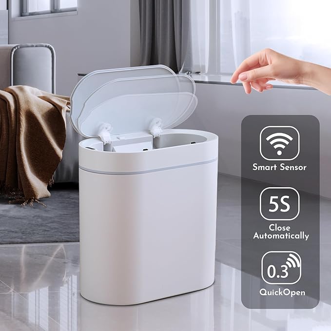 Bathroom Trash Can with Lid 2 Gallon Slim Motion Sensor Garbage Can Narrow