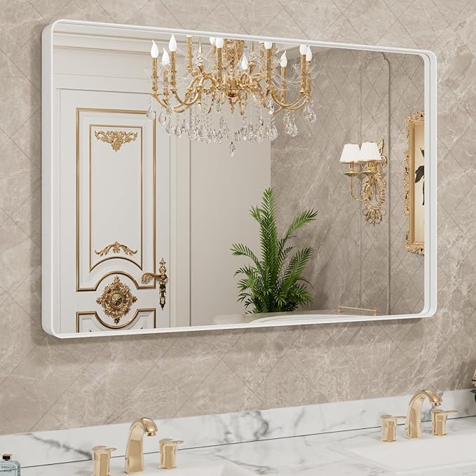 LOAAO 48x30 Inch White Metal Framed Bathroom Mirror