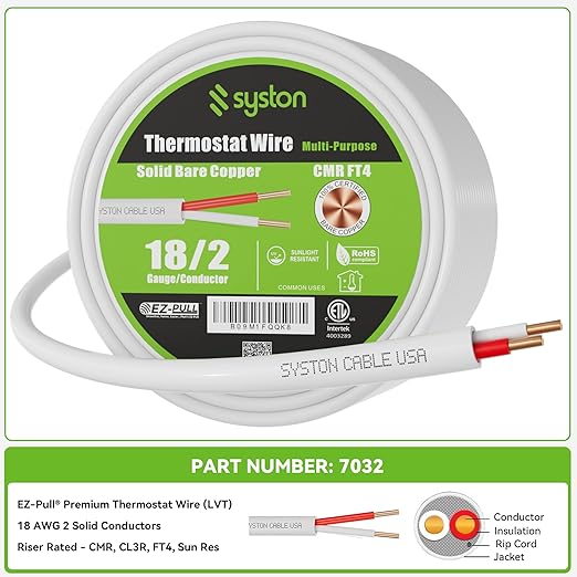 Syston 18/2 Thermostat Doorbell HVAC Heating Control Cable Wire, 18 AWG 2