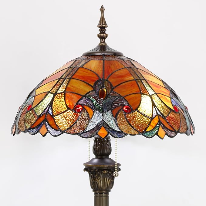 WERFACTORY Tiffany Floor Lamp Red Brown Liaison Stained Glass Standing Reading Light 16X16X64 Inches Antique Pole Corner Lamp Decor Bedroom Living Room Home Office S160R Series