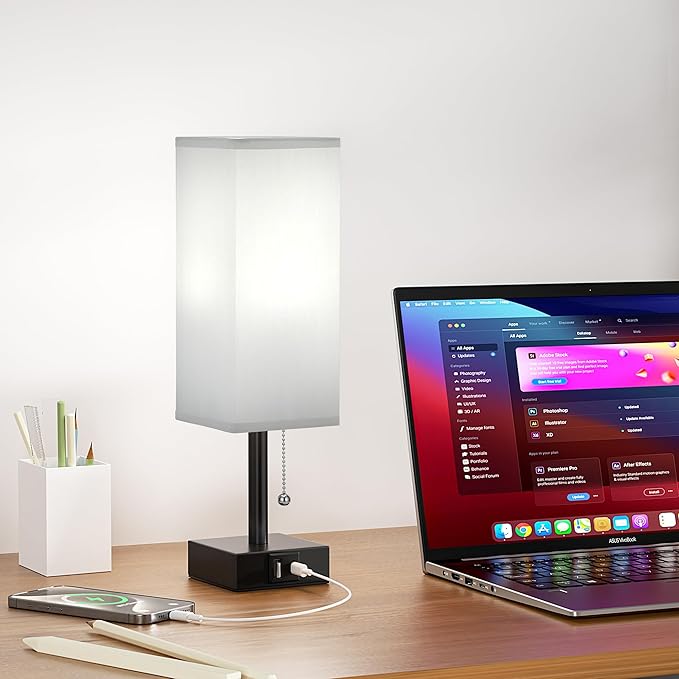 Gray Small Bedroom Lamp - 3 Color Temperature 3000K 5000K 4000K Bedside Lamp, Pull Chain Control, USB A and C Charging Ports, Black Base, for Kids Office Dorm, Bulb Included