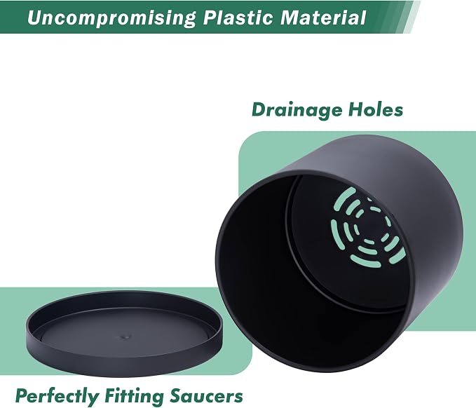 D'vine Dev 2 Pack 8 Inch Modern Plastic Plant Pots, Cylindrical Garden Planters for Plants with Drainage Holes and Saucers, Black, 74-Y-M-1