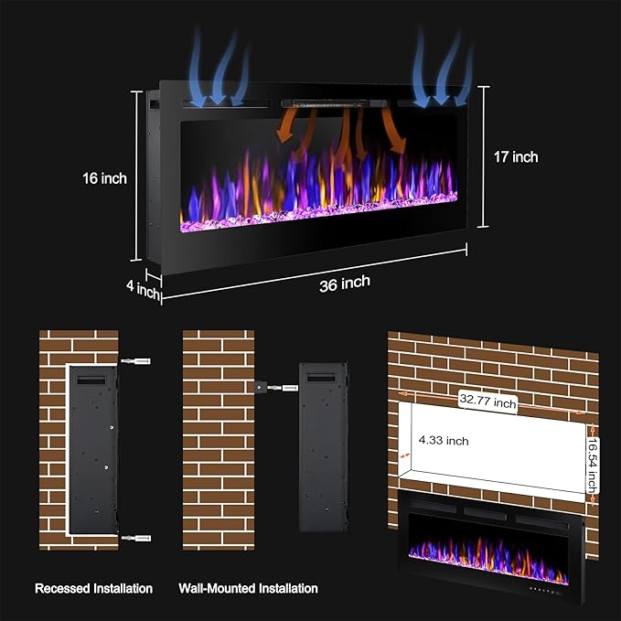 36" Electric Fireplace Wall Mounted and Recessed