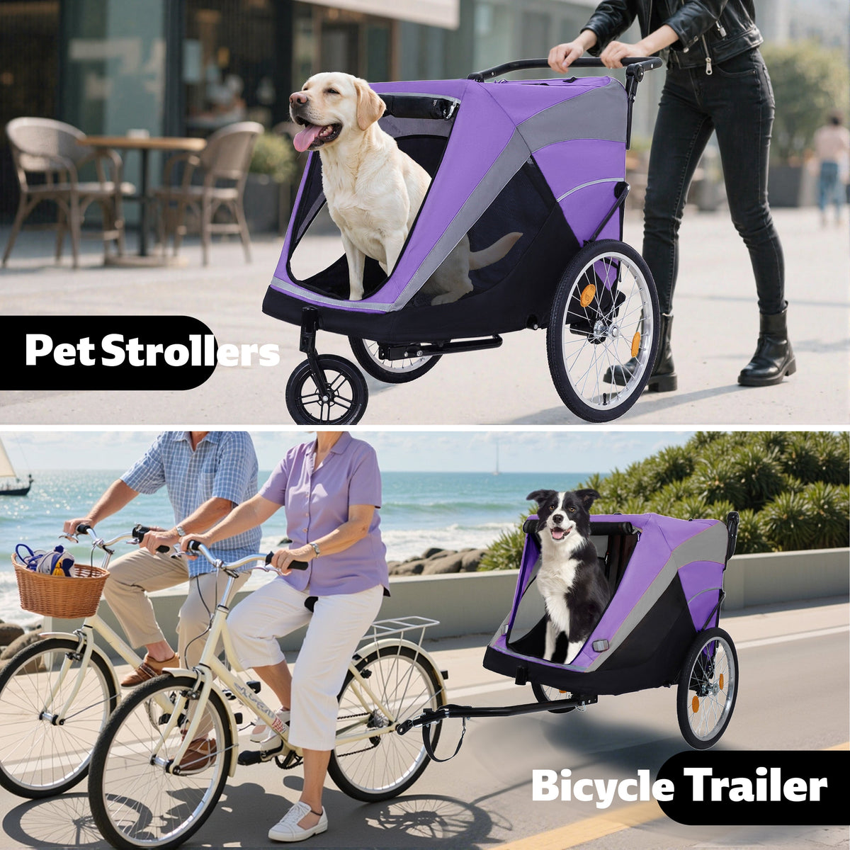 2-in-1 Bike Trailer & Push Cart for Pets - Detachable Bike Hitch & Push Handle Included - Quick Release Wheel, Internal Leash, Dual Cup Pockets and Underneath Storage Bag, Holds Pets Up to 100 lbs