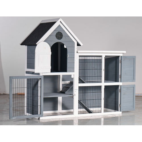 Large Outdoor Chicken Coop Cage Weatherproof 2-Story Chicken Coop Rabbit Hutch, Wooden Indoor Outdoor Pet House With No-Leak Tray, Waterproof Roof Pull-Out Tray 50.98 Lx 48.23 H, Grey, Blue