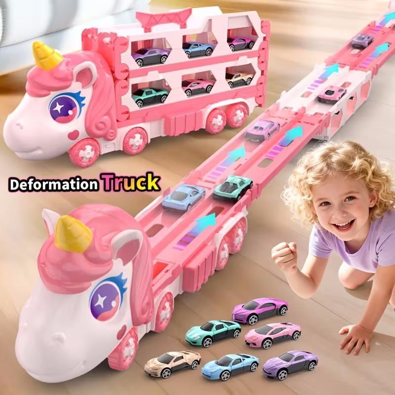 Cute Transforming Truck Toy Expandable Racetrack & Vehicle Storage Set Portable Carrier With Mini Cars Toy For Girls Ages 3 And Up,Pickup Only