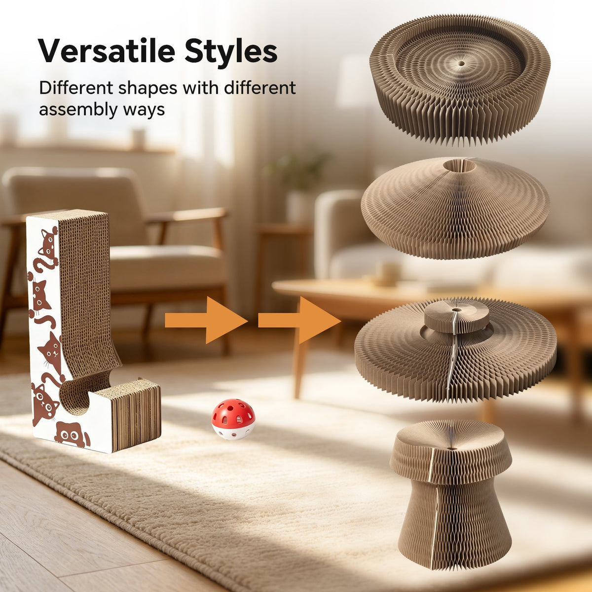 Multi-form Foldable Magic Organ Cat Scratcher Corrugated Cardboard Scratch Board Interactive Cat Toy With Rolling Bell Ball Indoor Kitten Grinding Claw Furniture