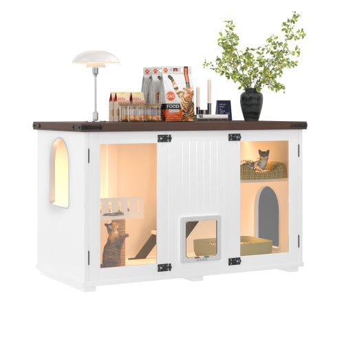 47.25 Large Cat Litter Box Enclosure With LED Light, Hidden Litter Box Furniture, Cat House With Stairs And Cat Scratching Post, Cat Cabinet Side Table With Smart Doors For Living Room, White