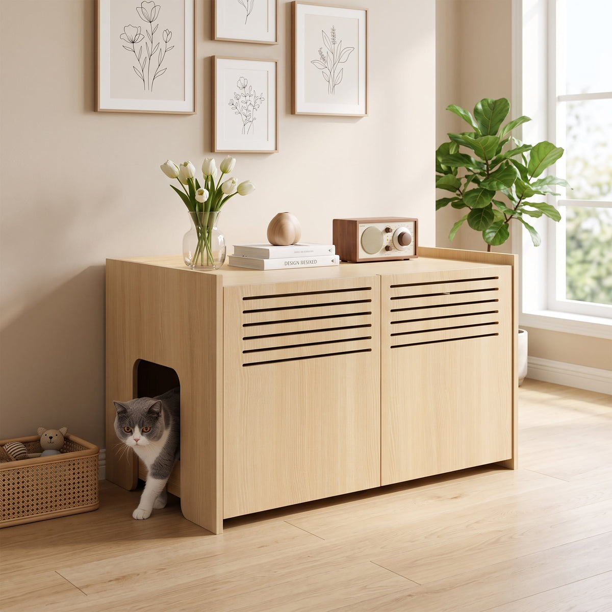 Modern Wooden Cat House with Scratching Pad , Cat Litter Box Enclosure, Spacious Hidden Cat Litter Box -33.46" x 21.06" x 21" , 45.87 lbs