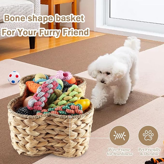 Set Of 2 Pet Dog Toy Basket-Dog Bone Basket-Wicker Basket for Pet Stuff-Dogs Toy Box for Living Room Area-Handmade Water Hyacinth Baskets with DIY Tag 