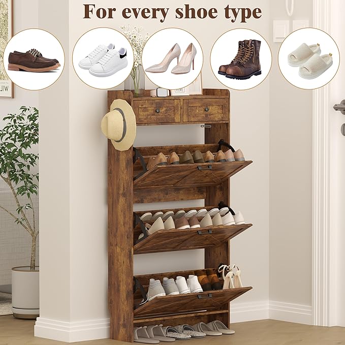 Shoe Cabinet with 3 Flip Drawers & 2 Storage Drawers, Rustic Farmhouse Narrow