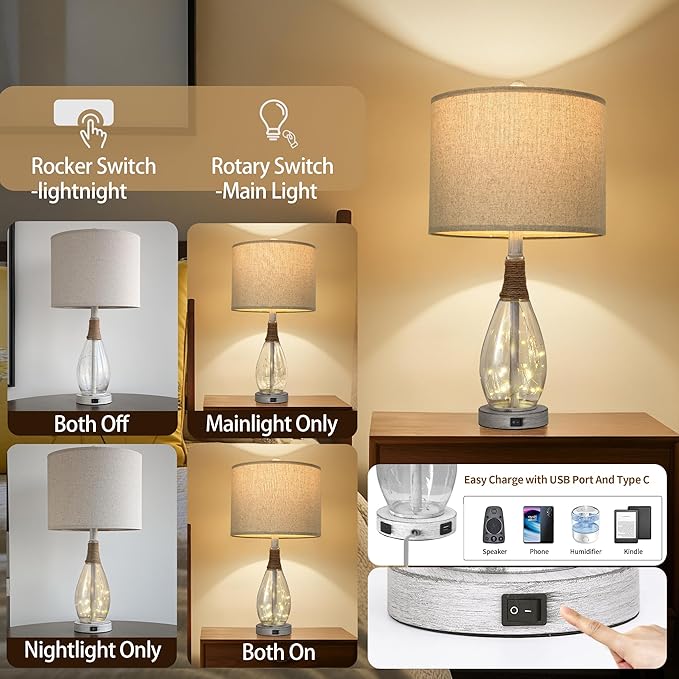 OYEARS 23" USB A+C Table Lamp for Bedroom Living Room Modern Bedside Lamps Retro Farmhouse Rattan Glass Nightstand Nightlight Lamps (White),Two Light Points