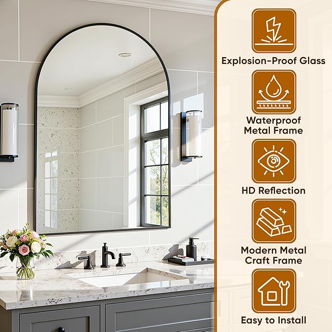 Arched Mirror 24"x36", Bathroom Mirror, Wall Mounted Vanity Mirror