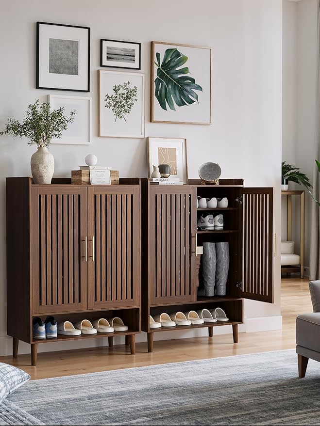 Shoe Storage Cabinet with 2 Slatted Doors, 6-Tier Large Shoe Cabinet with