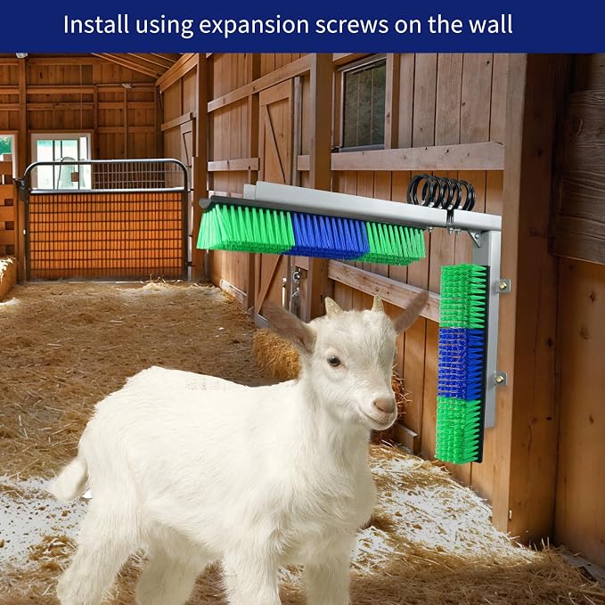 Livestock Scratch Brush With Spring Iron Holder,Animal Back Scratching Brush Including 4pcs goat brushes, 4 stands and accessories For Cow,Cattle,Sheep, Horses,Pigs,Massage Grooming Tool(Green)