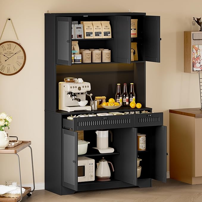 Pantry Cabinet with Charging Station and Light, Tall Kitchen Pantry Storage